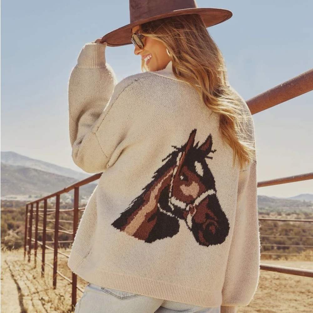 Cream Horse Design Cardigan Sweater